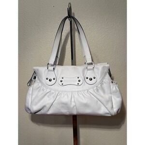 Longchamp White Ruched Leather Shoulder Bag Silver Studded Logo Tote Handbag